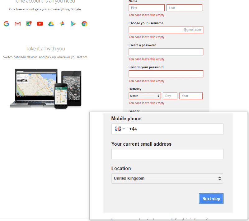 Using a magnifier with Google’s account registration